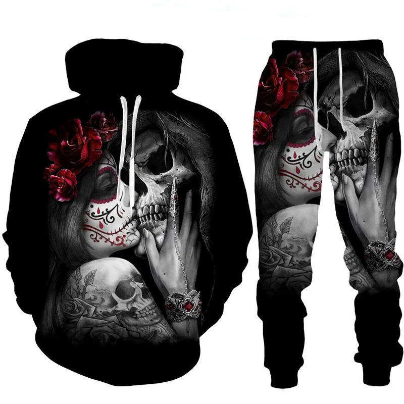 

Мужской комплект из двух предметов, толстовка с капюшоном и штаны с 3D-принтом черепа в стиле хип-хоп, костюм для бега на осень и зиму