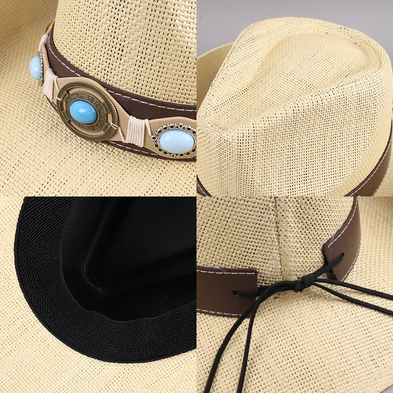 2F040A summer western cowboy raffia grass Stetson Holiday Feather  Decoration fedoras hat Outdoor men women panama jazz cap - AliExpress