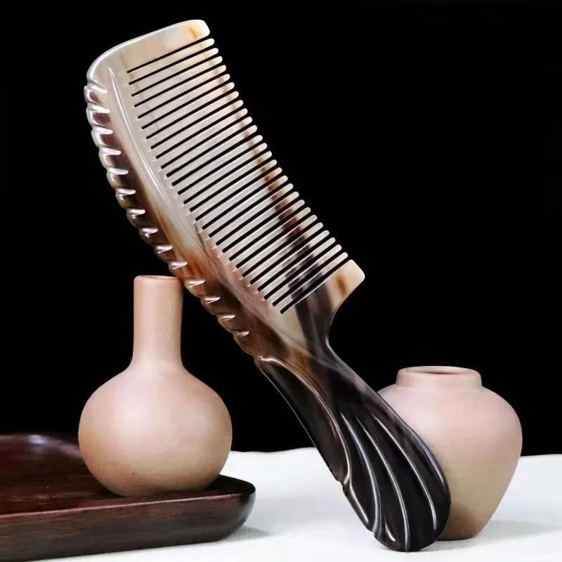Natural Yak Horn Comb Handmade Carving Handle Smooth Anti-Static Scalp Health Care Massage Comb Wide & Fine Tooth for All Hair 3