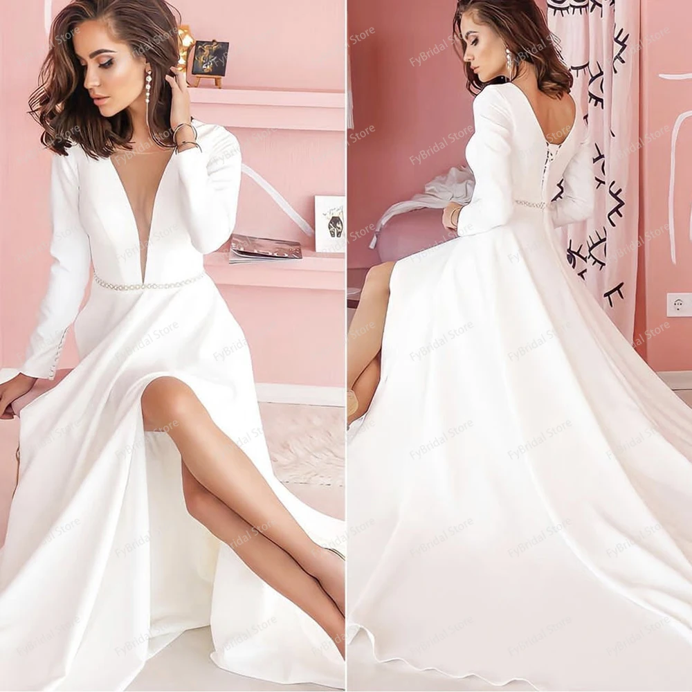 

Elegant Satin Wedding Dress Sexy Illusion V Neck Full Sleeve Lace Up Back Sweep Train Robe De Mariee Vestidos De Novia Customize