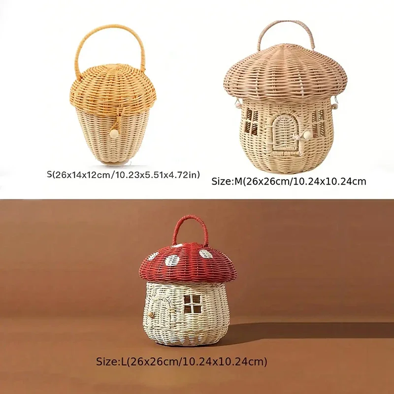 Handmade Rattan Mushroom Shaped Storage Basket Children Woven Bags Cute Outdoor Vacation Picnic Baskets  Handbag Christmas Gift 6
