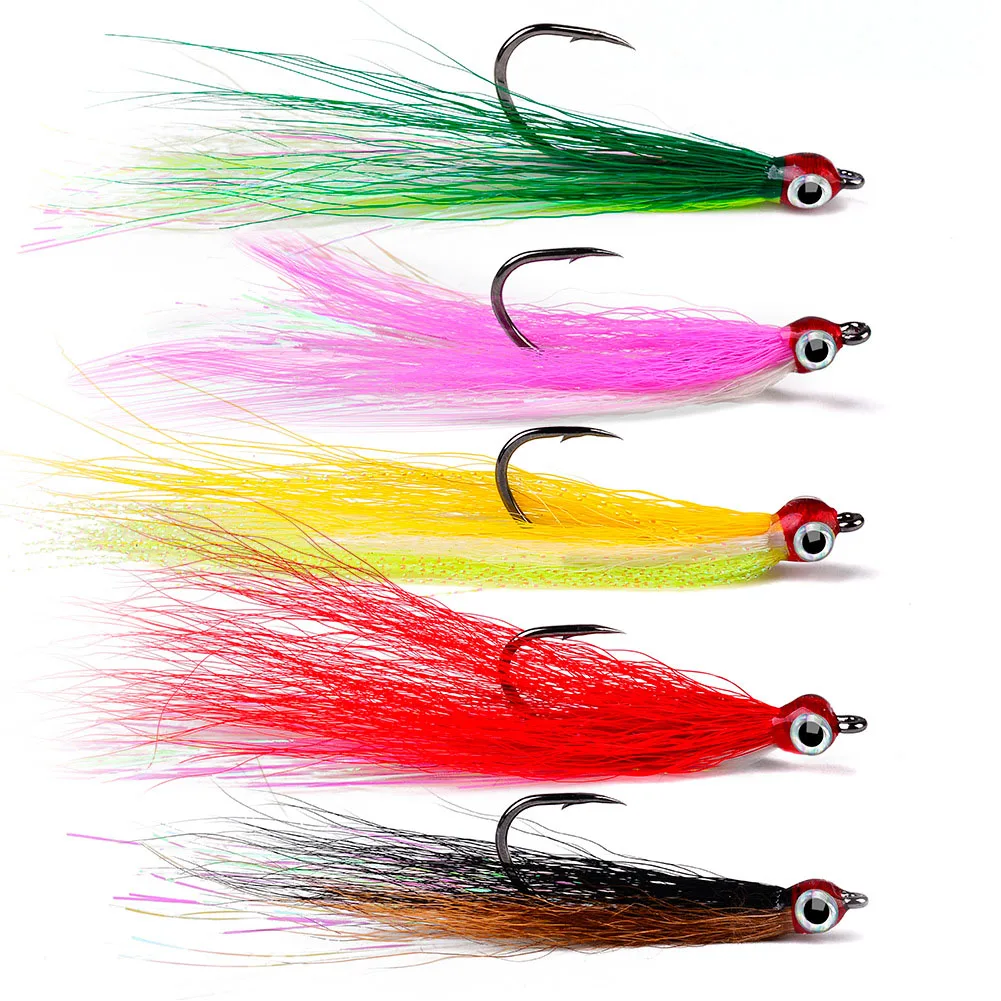 5Pcs Fishing Bucktail Teaser Hooks Con Crystal Flash Fluke Flounder Rigs Teaser Lures 5 Colori Per Salmon Bass Steelhead