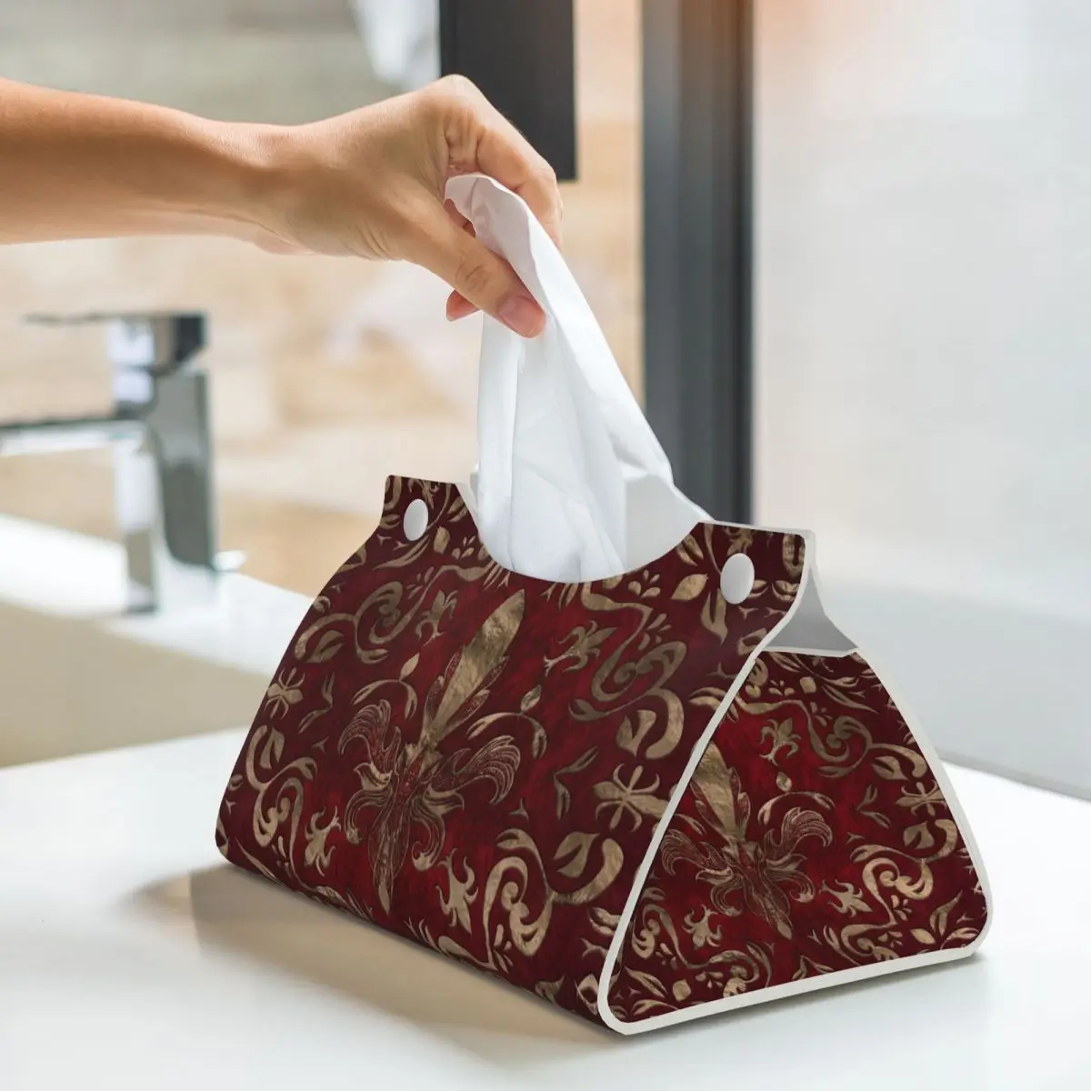 Custom Luxury Lily Flower Fleur-De-Lys Tissue Box Cover PU Leather Rectangular Fleur De Lis Facial Tissues Holder for Home 6