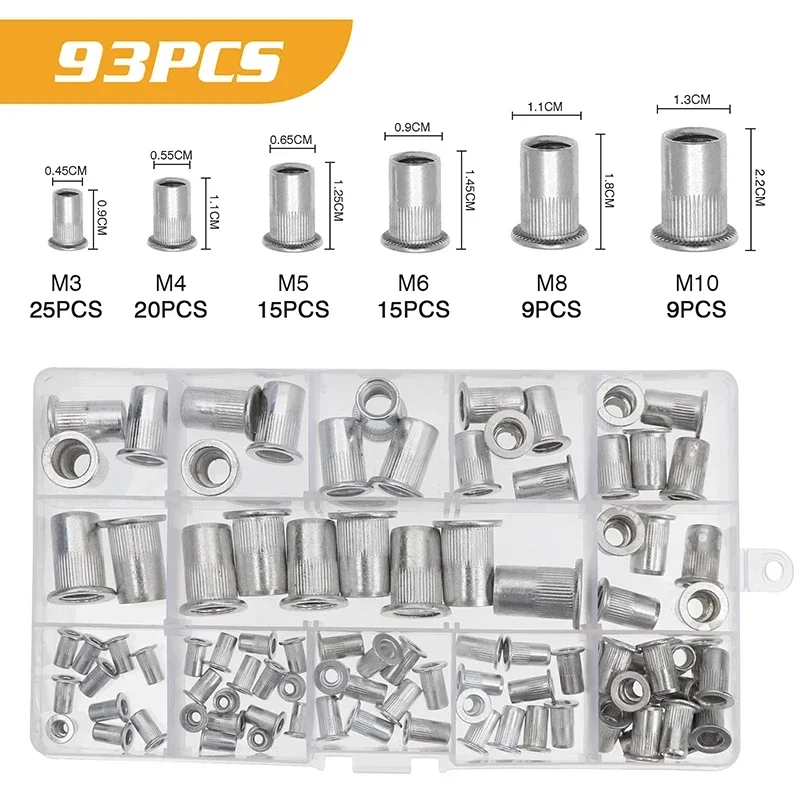 Aluminum Rivetnuts Blind Set Nutserts Threaded Insert Nuts 190/93pcs M3 M4 M5 M6 M8 M10