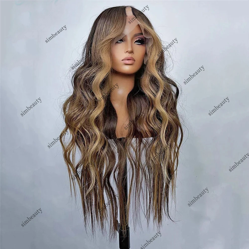 Ash Brown Body Wave V Part Wigs with Clips Highlight Blonde