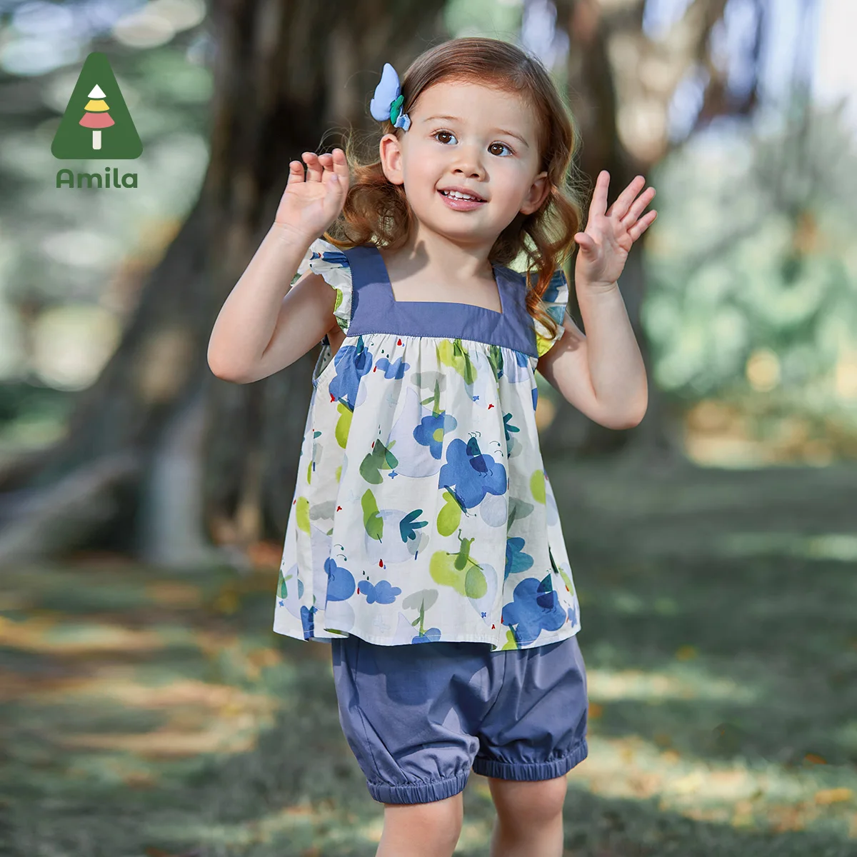 

Amila Baby Girls Clothing Sets 2023 Summer New Cute Flower Pattern Nifty and Fly Sleeve Blouse+Shorts Suit Two-piece Set