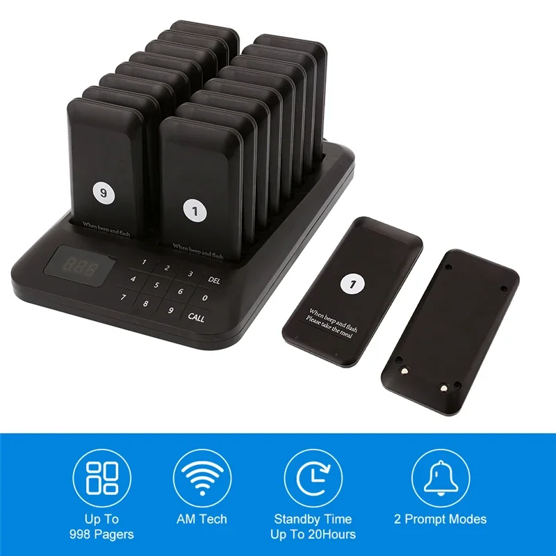 Wireless Calling System Buzzer Restaurant Bar 16 Pager Receiver 1 Keypad Transmitter Guest Paging Cafe Coaster 1071568 wireless calling system