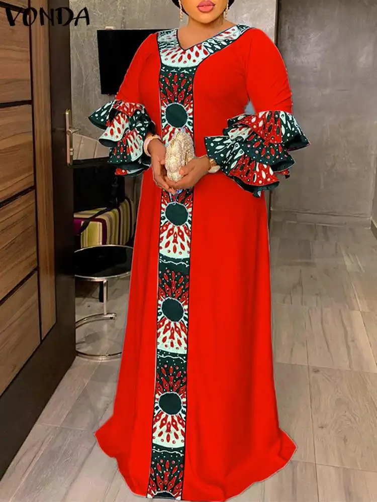 

VONDA 2022 Oversize Femme V-Neck Printed Party Maxi Dress Stylish Women 3/4 Sleeve Holiday Vestido Female Patchwork A-Line Robe