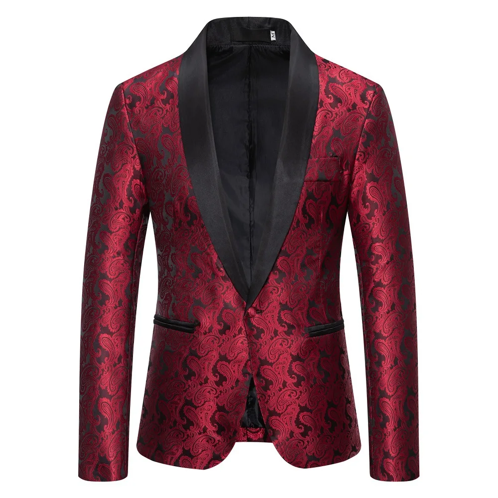 

Mens Red Floral Tuxedo Jacket Jacquard Suit Jacket Slim Fit One Button Blazer Men Wedding Prom Dinner Stage Clothes for Singers