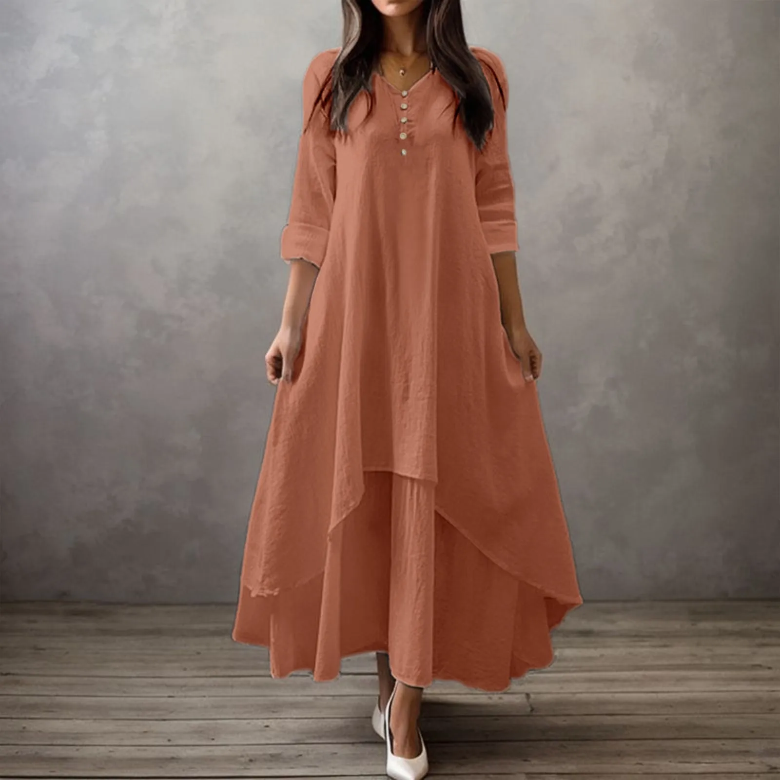 

Two Piece Long Dress Literary Swing Dress Loose Long Sleeved Dress Cocktail Casual Dresses for Women Sexy Maxi Dress