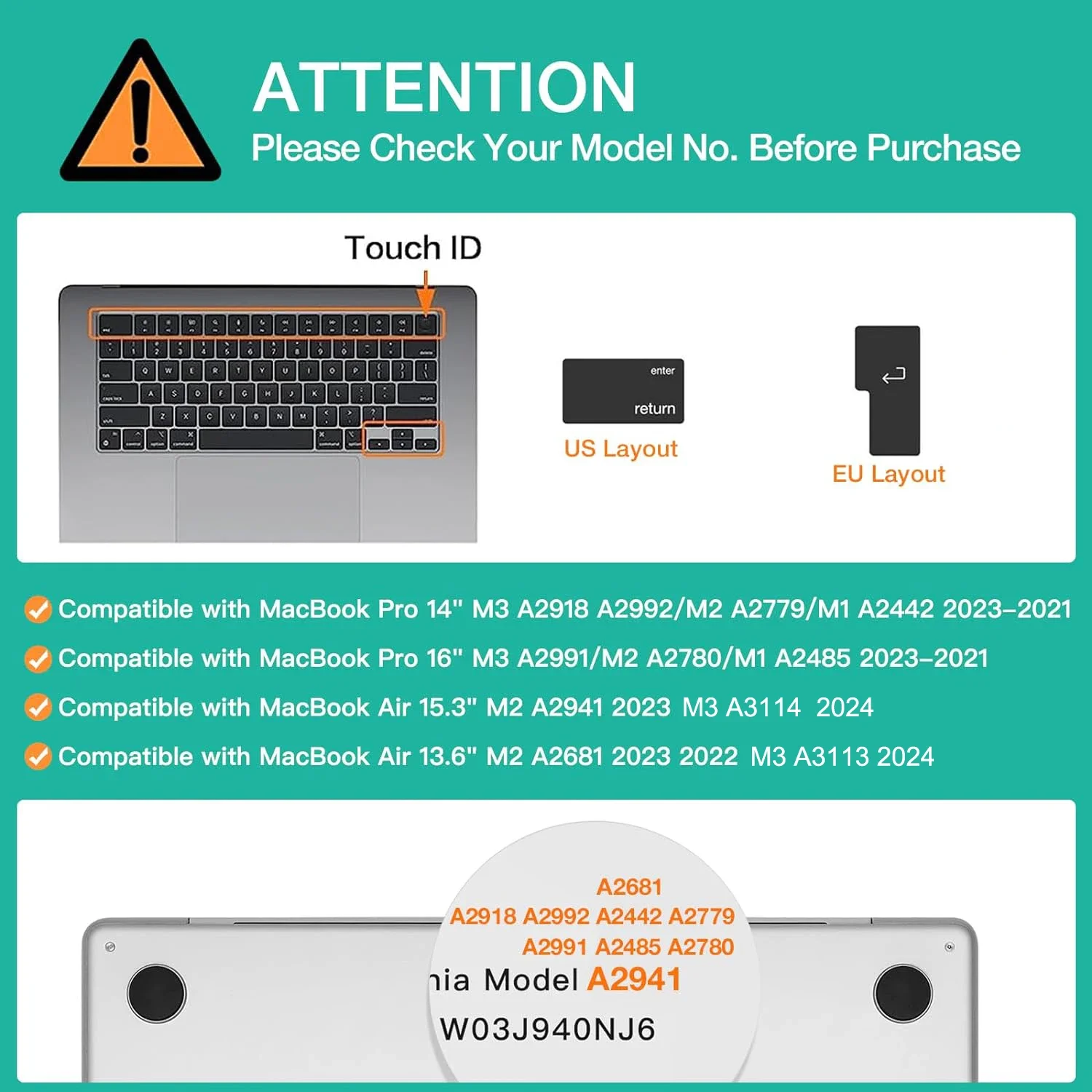 Keyboard Cover for M4 M3/M2/M1 Chip Pro 14"/16" A3401/A2992/A2779/A2991/A3403 MacBook Air 15.3"/13.6" A3113/A3114/A2941