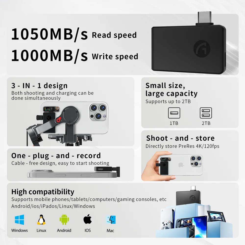 Aiffro P30 3 in 1 Portable SSD, Supports ProRes/Microphone,with PD interface, Up to 1000MB/S