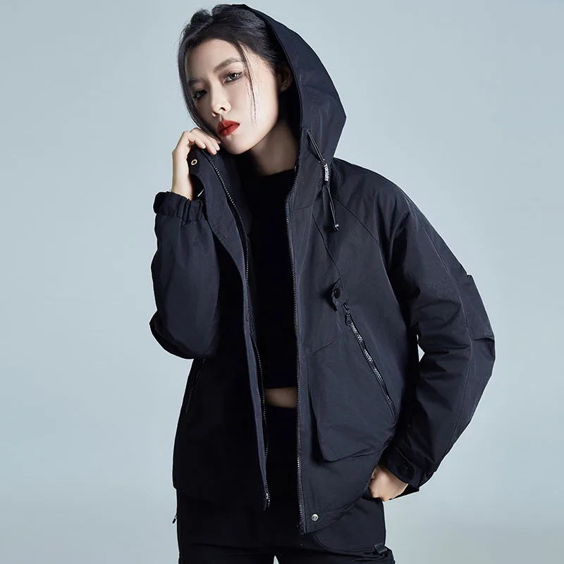 Women's Black Jacket BF Loose Fit Drawstring Hooded Coat 2024 Spring Autumn Zipper Pockets