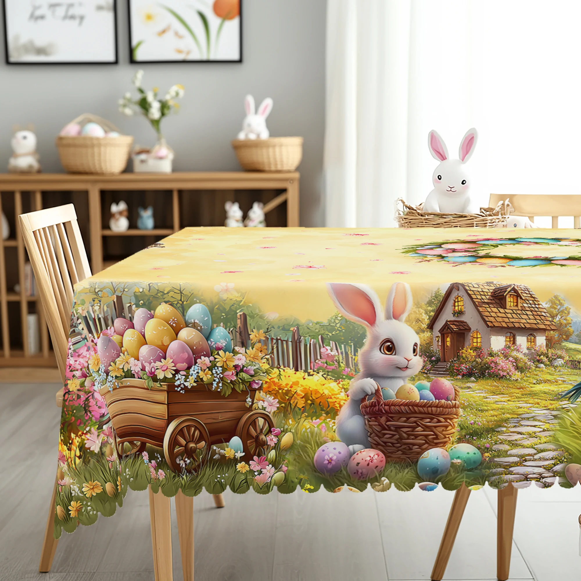 1 Easter Round Tablecloth, 5 Sizes Available, Spring Cute Rabbit Easter Egg Grass Map Pattern Printed Tablecloth, Edge Embossing Process, Spring Garden Tablecloth Decoration, Tablecloth for Daily Home Kitchen, Terrace, Easter Decoration, Spring Decoration 3