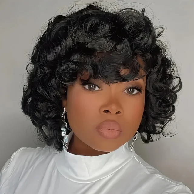 Cheveux bouclés moelleux à la mode, couleur naturelle, cheveux courts avec frange, pas besoin de colle, peut être porté directement, perruque synthétique 1