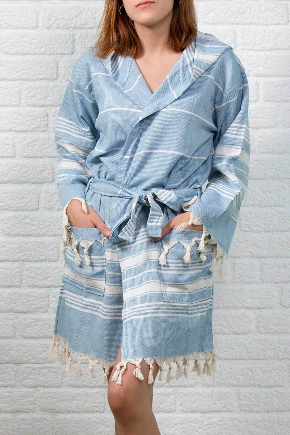 Handmade Bathrobe Peshtemal 100%Cotton Natural Hooded Bath Beach Shower Gown Stylish High Quality New Season Turkish Hand Woven