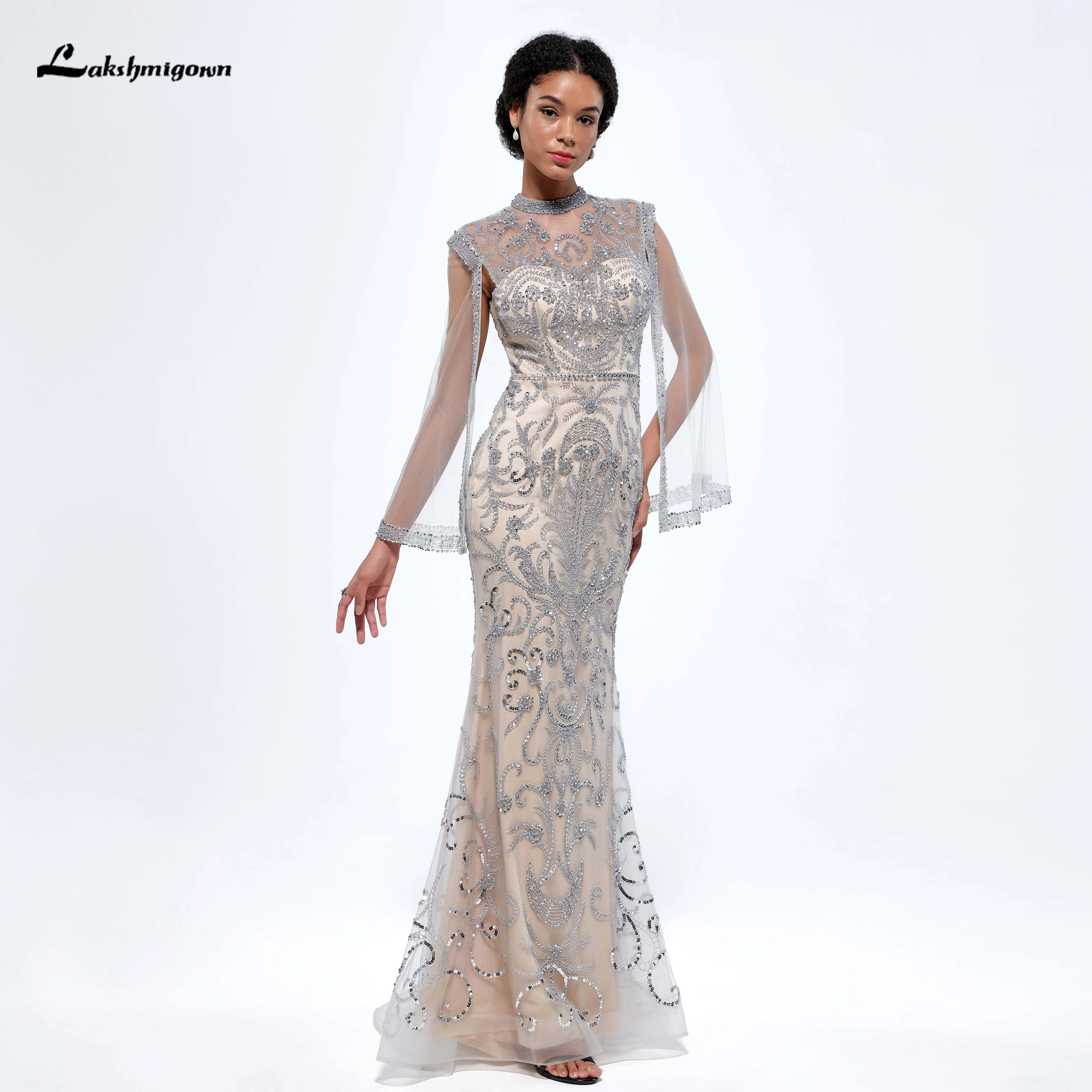 

Exquasite Grey Nude With Cape Mermaid Luxury Evening Dresses Gowns 2024 Beaded Elegant For Woman Party Vestidos Formales