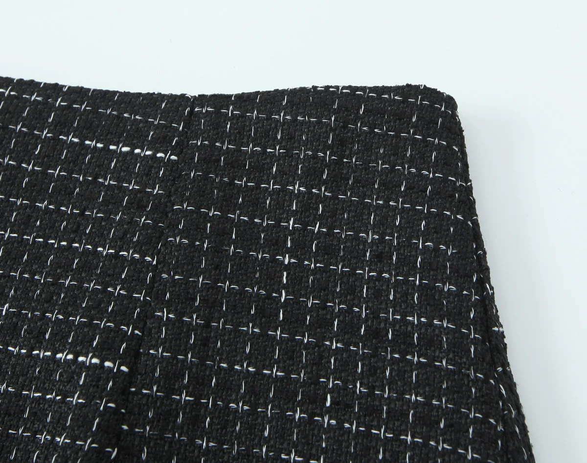 French Style Retro V collar Plaid Woven Tweed Blazer + High Waist Mini Short Skirts Suits 2 pieces 1 Set Black White