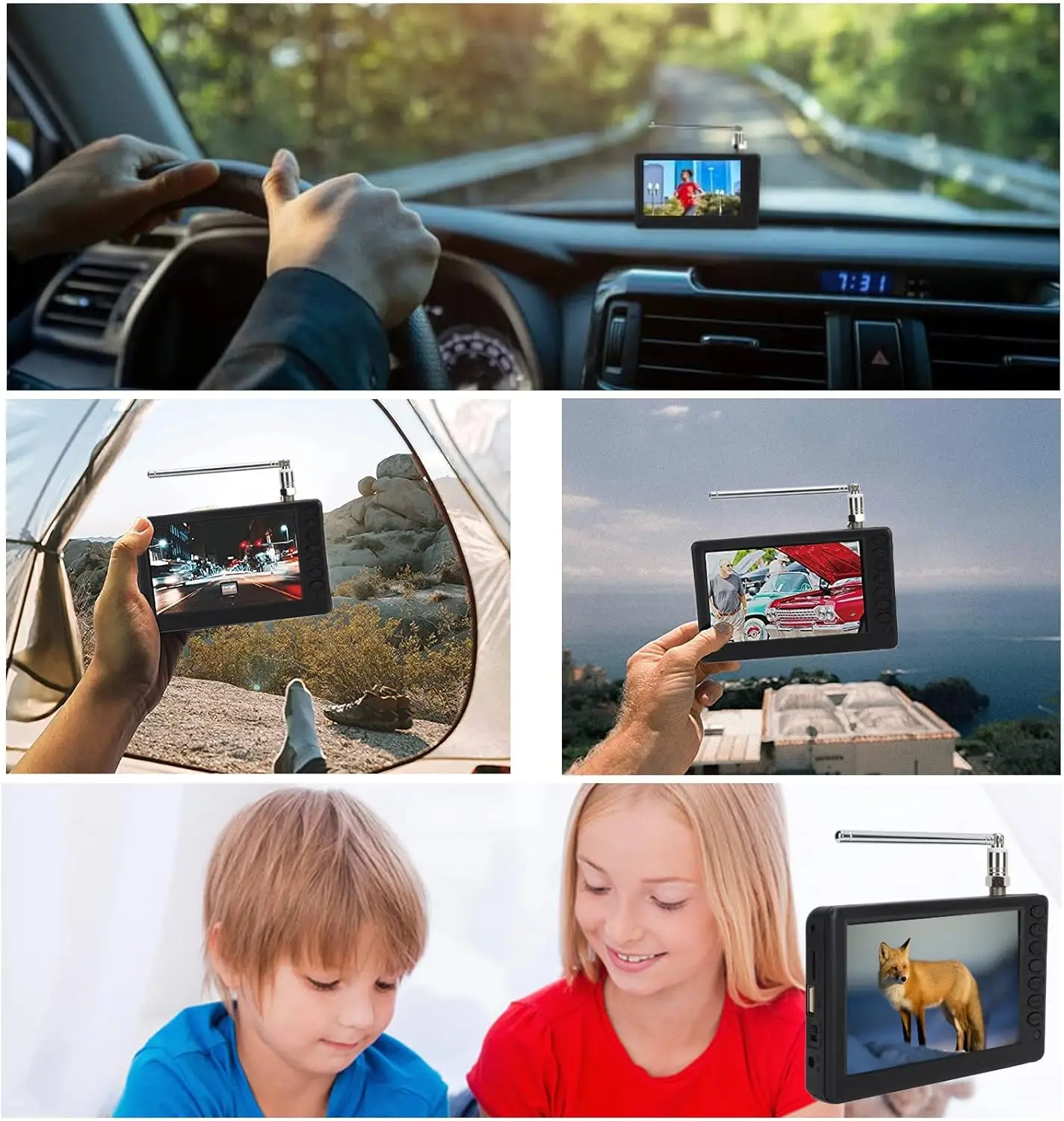 Portable ATSC HD TFT LED Digital TV-5' Mini TV with Remote Control, 1080P, Rechargeable Battery, USB & TF Card Support