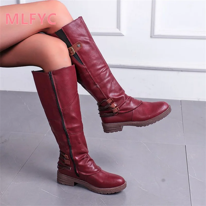 High Boots Cowboy Boots Winter Women's Zippered Round Toe Boots Outdoor Fashion Knight Boots Knee High Boots Women Designer