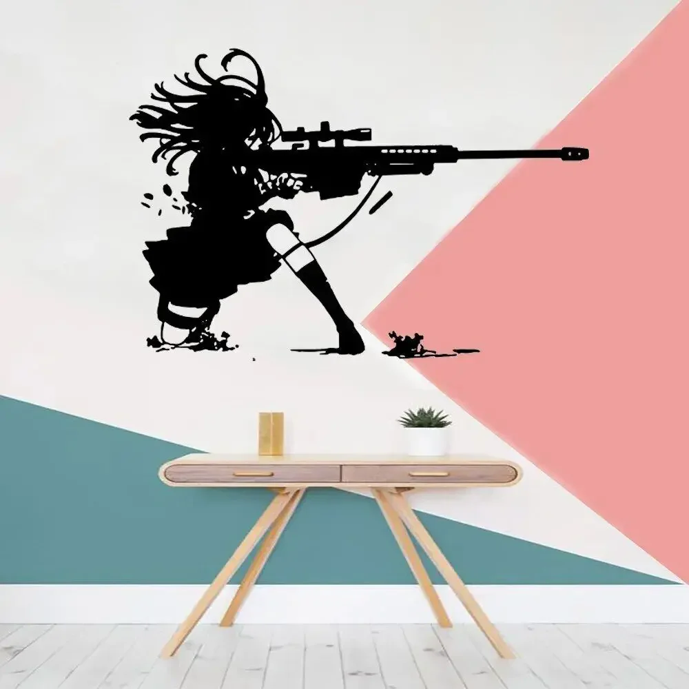 Anime Manga Girl Sniper Rifle Shooting Wall Sticker Army Gun War Wall Decal  Girl Room Bedroom Playroom Vinyl Home Decor, image size:1000x1000