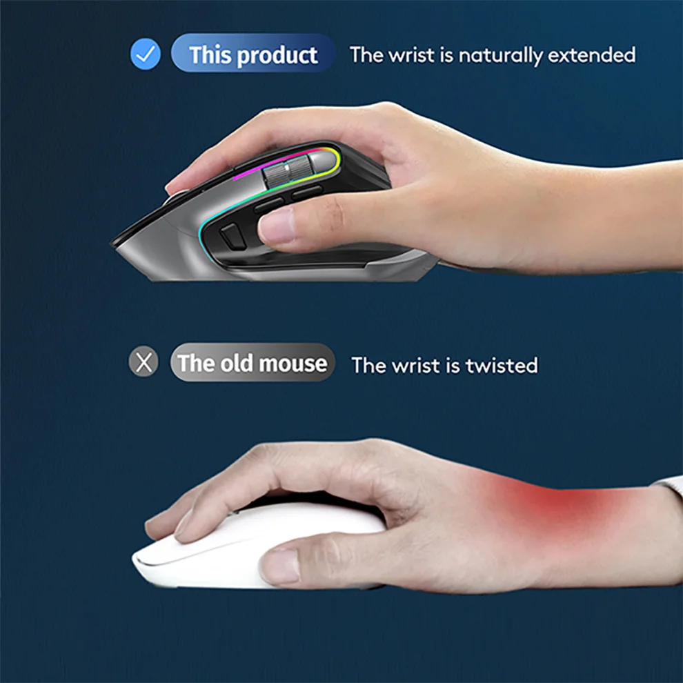 Wireless Mouse 2.4G Bluetooth RGB Rechargeable Ergonomic Design Computer Gaming Office