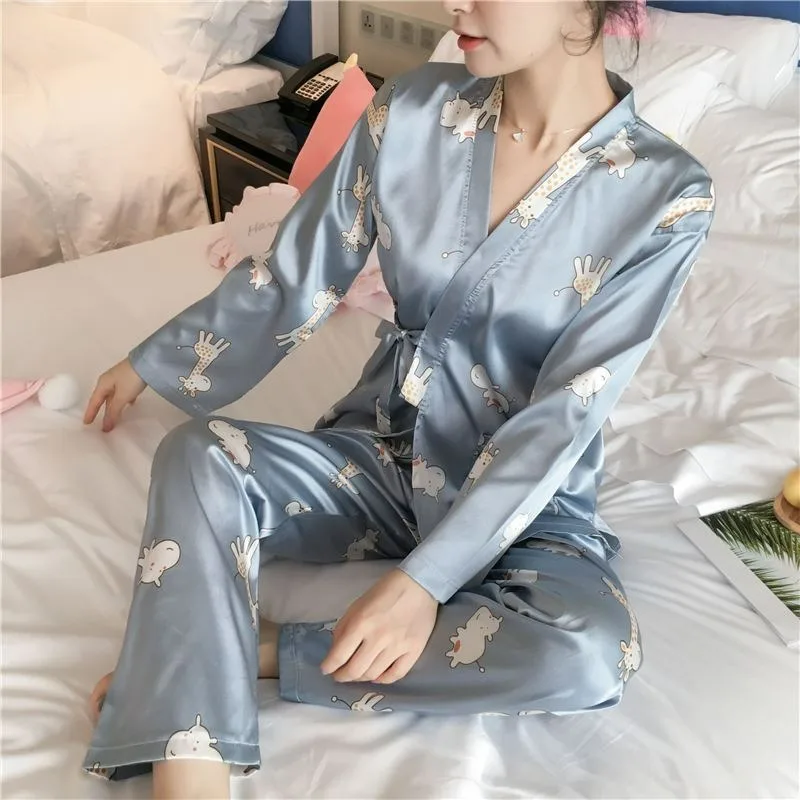 Ice Silk Kimono Pajamas Spring Autumn Women Long Sleeve Thin V-neck Homewear Suit Casual Comfortable Female Nightclothes Sets 2024 new female ice silk pajamas spring autumn women long sleeve trousers casual homewear suit large size thin nightclothes sets