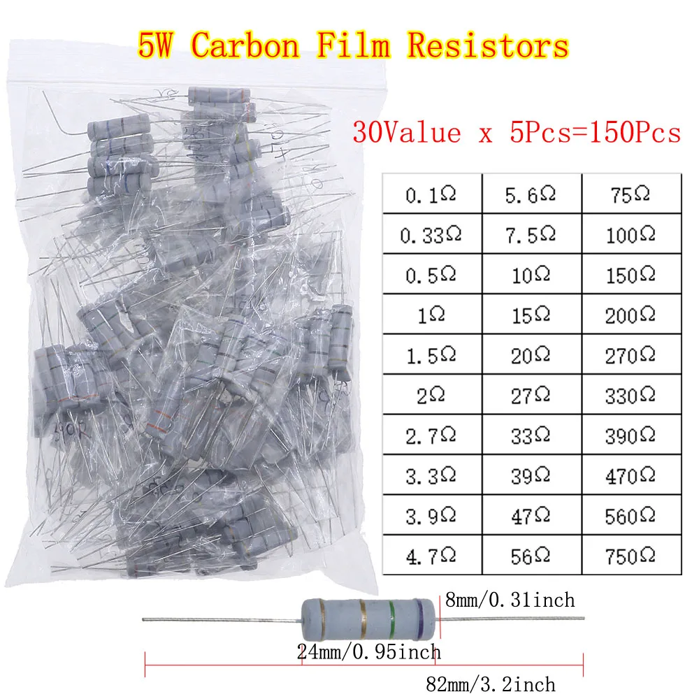 carbon film resistors kit 1/8W 1/4W 1/2W 1W 2W 3W 5W Carbon Film Resistors Assortment Kit 5% Electronic Components resistor package