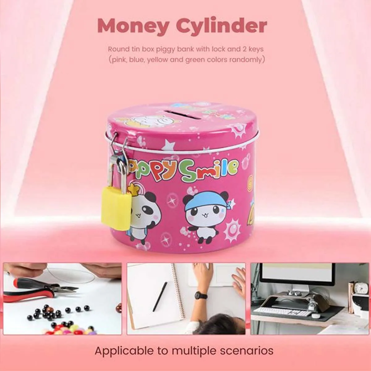 Cartoon Print Piggy Bank, Coin Money Saving Box with Padlock, Cylinder Design 4