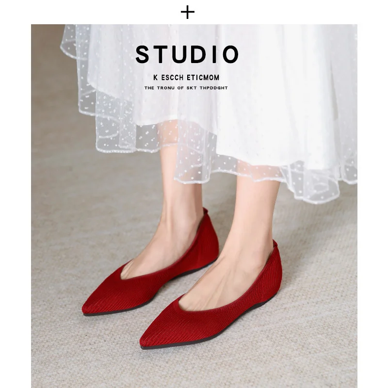New Fashion Women Pointed Toe Flat Solid Color Knitted Slip on Shoes Casual Mesh Breathable Soft Bottom Ballet Loafers