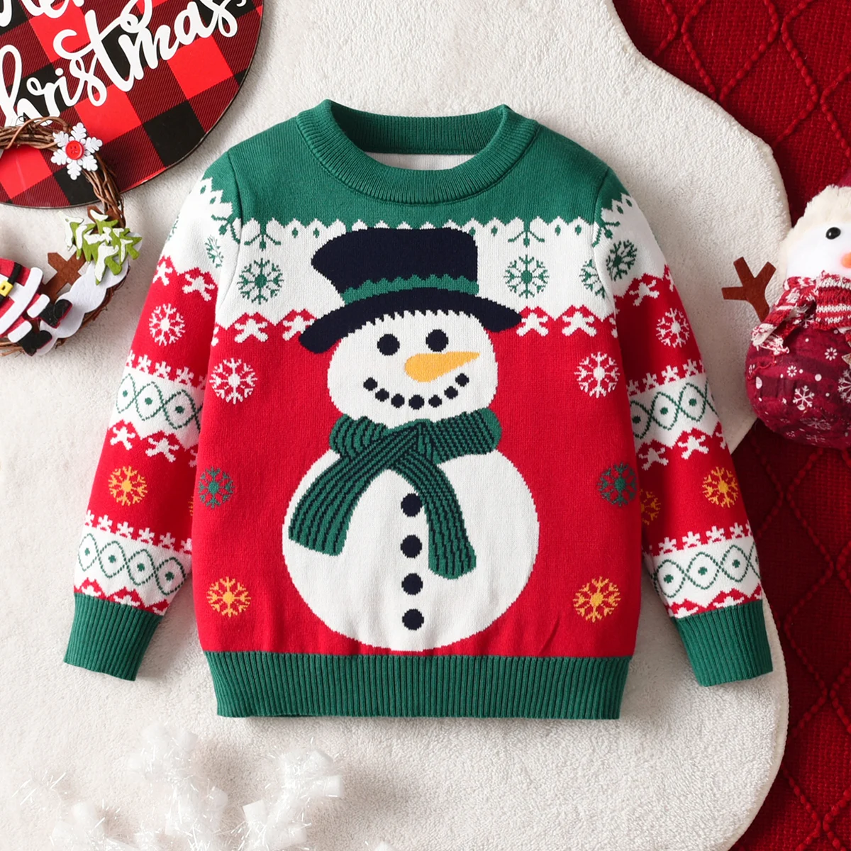 Boys and girls Christmas snowman sweater long sleeved pullover suitable for parties, daily life, spring, autumn, winter