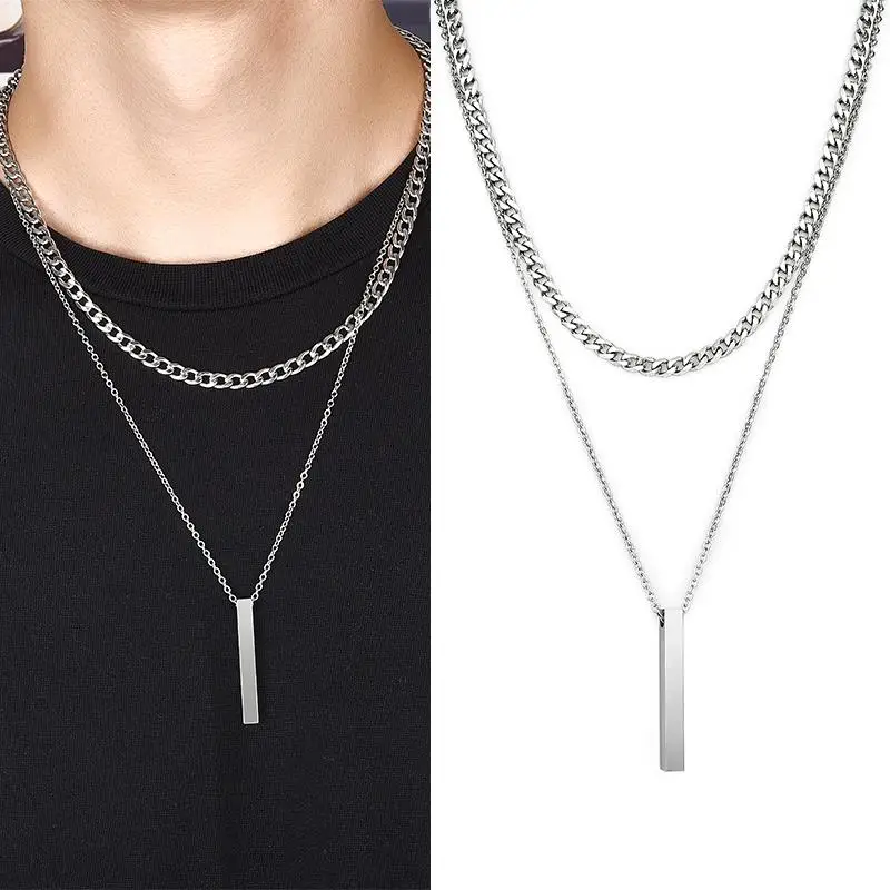 3D Vertical Bar Necklaces for Men Two Layer Stainless Steel Geometric