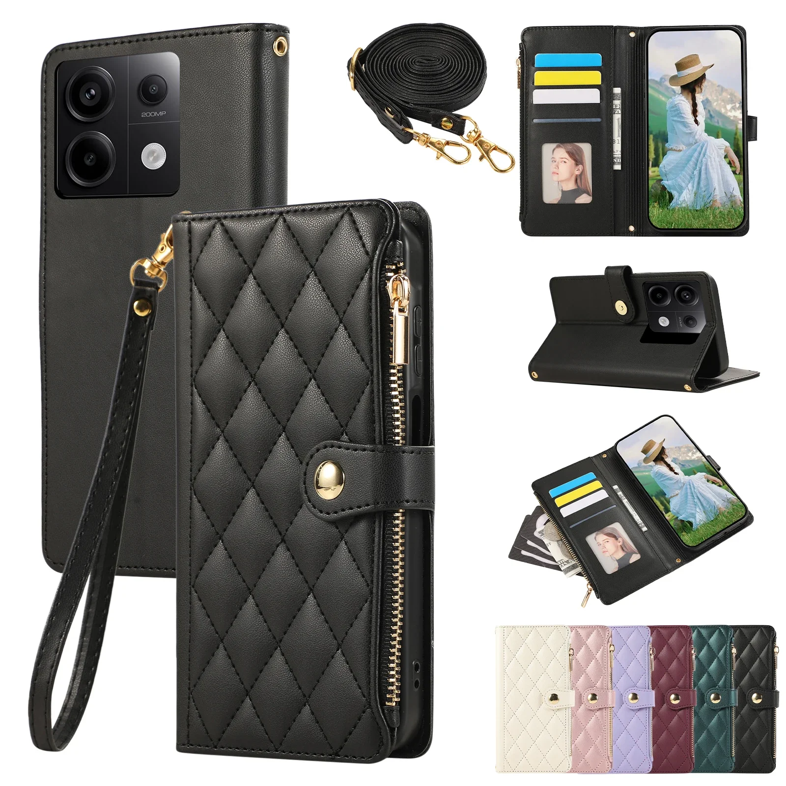 Elegant Crossbody Leather Wallet Case with Zipper and Lanyard - Diamond Design Cover