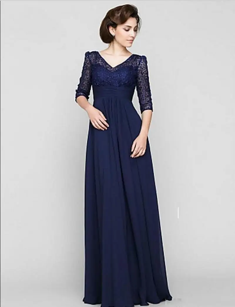 

V-neck A-Line Half Sleeve Lace Chiffon Evening Gowns Formal Godmother Groom 2018 Dark Navy lace Mother of the Bride Dresses
