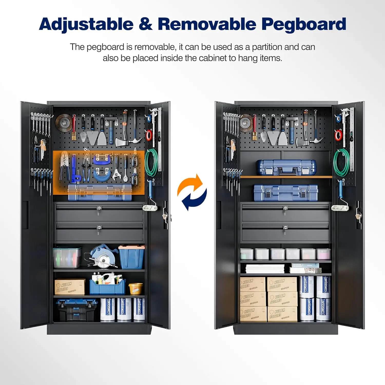 Metal Garage Storage Cabinet with Locking Doors and 2 Drawers Heavy Duty Steel Tool Cabinet with Pegboard 71" Lockable Cabinets 5
