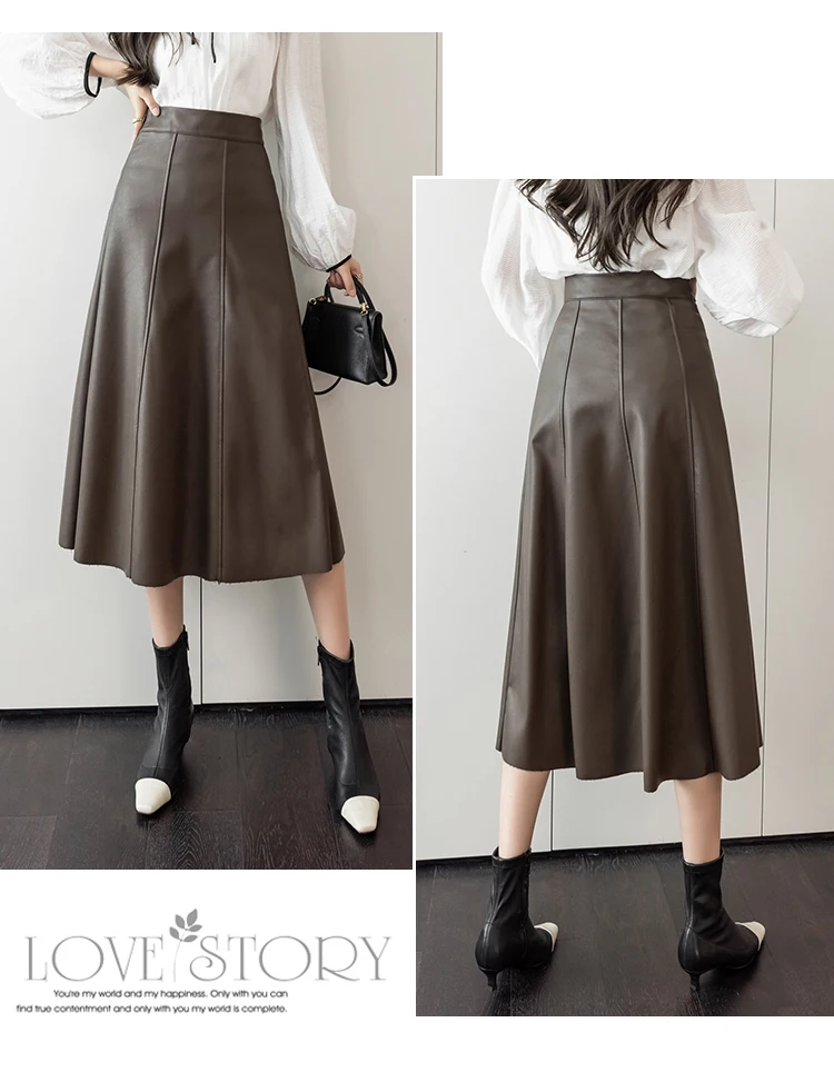Lederrock Frauen 2025, Herbst Winter, neue Ankunft, hohe Taille, PU-Rock, koreanischer Stil, Maxi-A-Linien-Rock für Frauen, heißer Verkauf – Detail 12