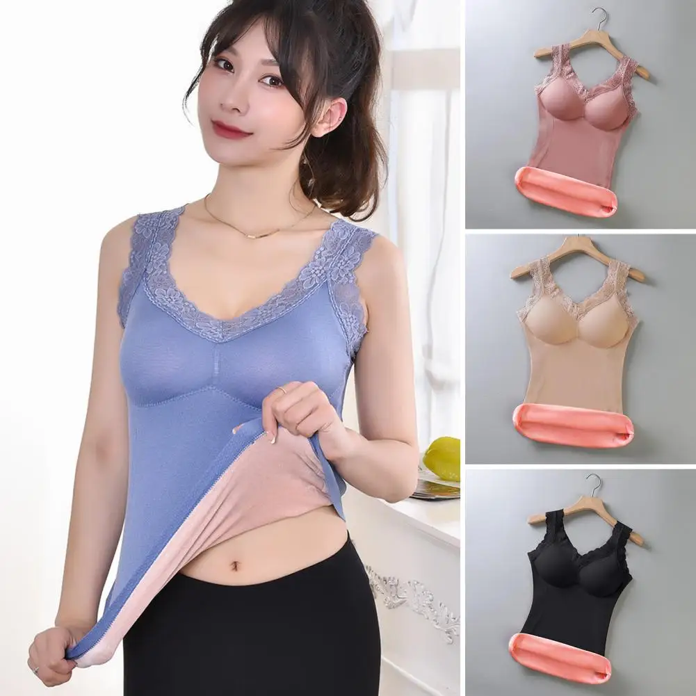 

Women Padded Tank Top Sleeveless Sexy Lace V Neck Solid Color Thick Warm Slim Fit Fall Winter Ladies Basic Casual Camisole Under
