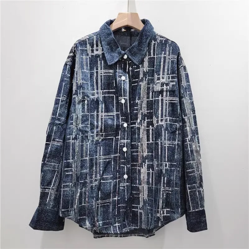 

Fashion Sequins denim shirts for women spring 2024 new jackets Female Long Sleeves Blouse Casual shirt top Y4757