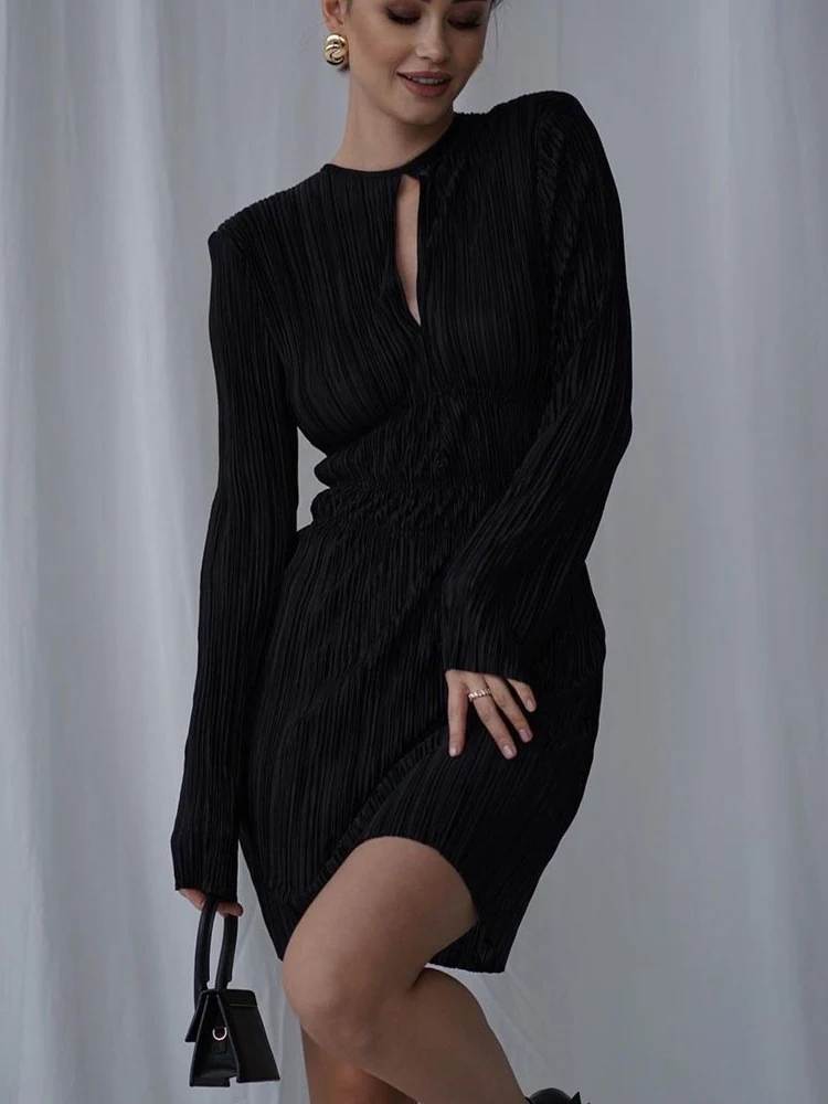 Elegant Long Sleeve Pleated Dress Women Fashion Casual Black Ruched Party Dresses Sexy Hollow Slim Solid Dress Spring 2022 New bodycon dress Dresses