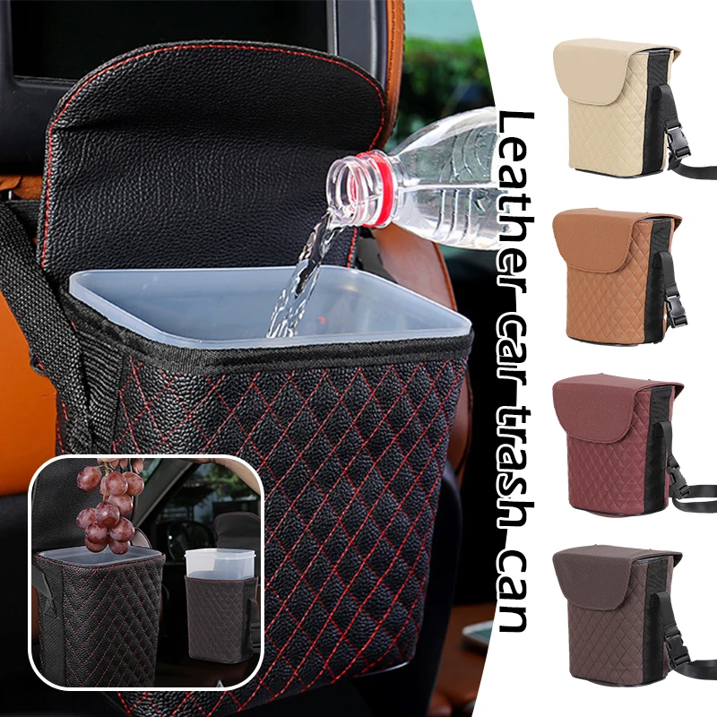 2 Sizes Waterproof PU Leather Car Trash Can Bin Auto Accessories Hanging Car Organizer Box Built-in Removable Plastic Bucket