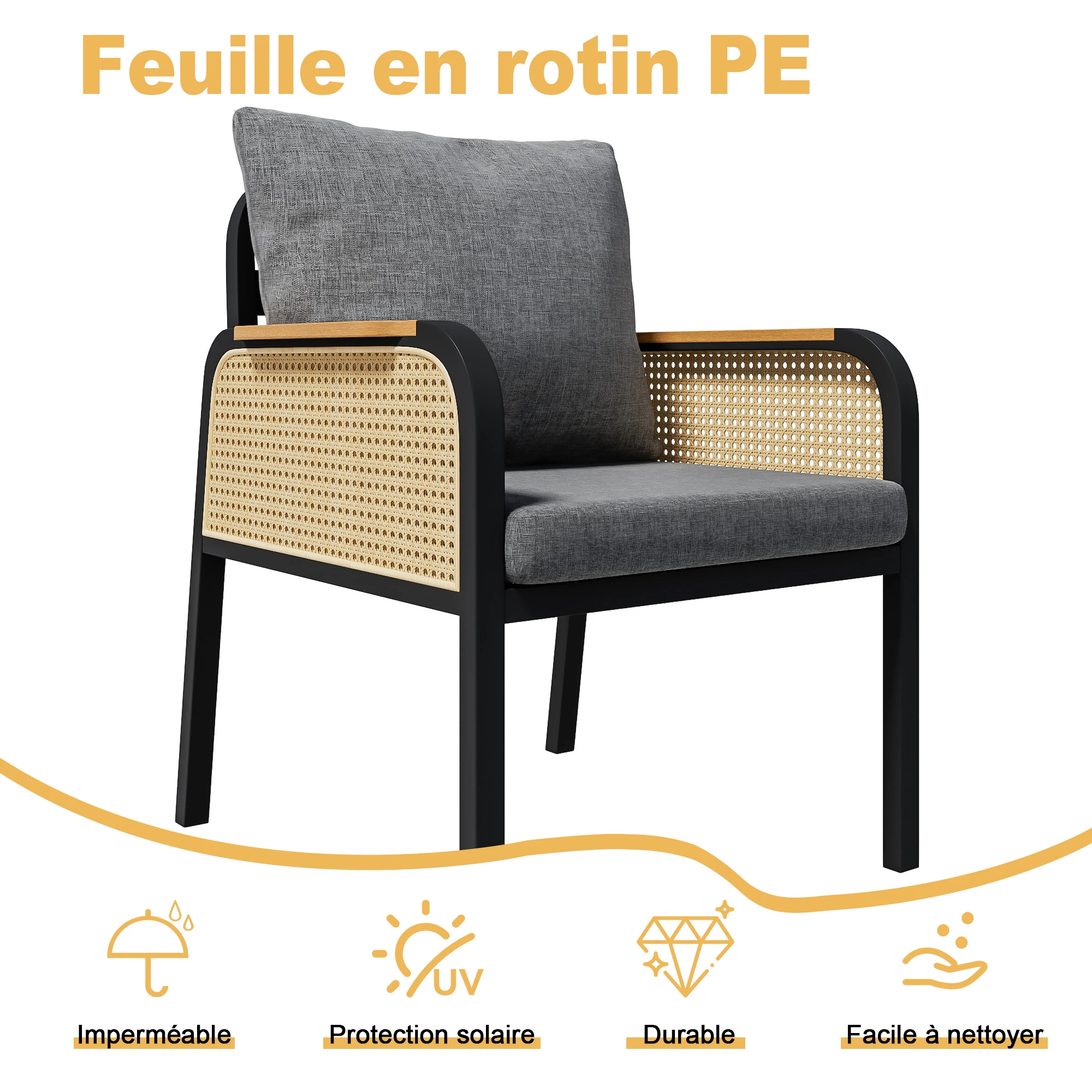 Modernes Outdoor-Sofa-Set, Eisenrahmen, Geflochtene Armlehnen, Mit Sitzkissen – Detail 16