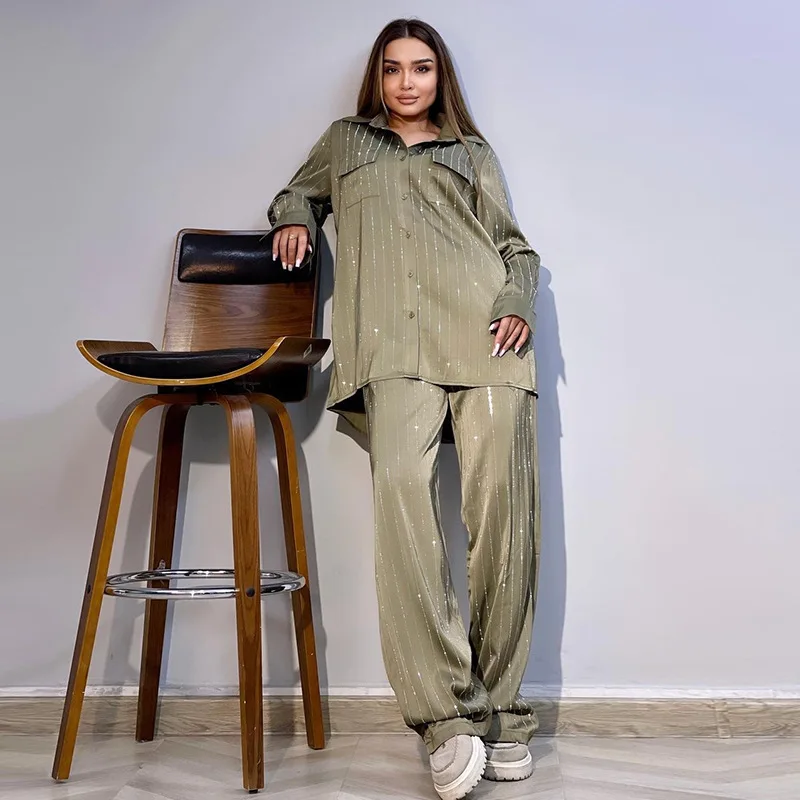 

2024 Autumn New Striped Printed Shirt Women Two-piece Set Fashion Lapel Shirt Pants Set High Street Ladies Loose Long Pants Set