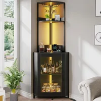 Corner Wine Cabinet with Power Outlets & LED Lights, Corner Bar Cabinet with Glass Holder, Liquor Bar Rack Cabinet for 6