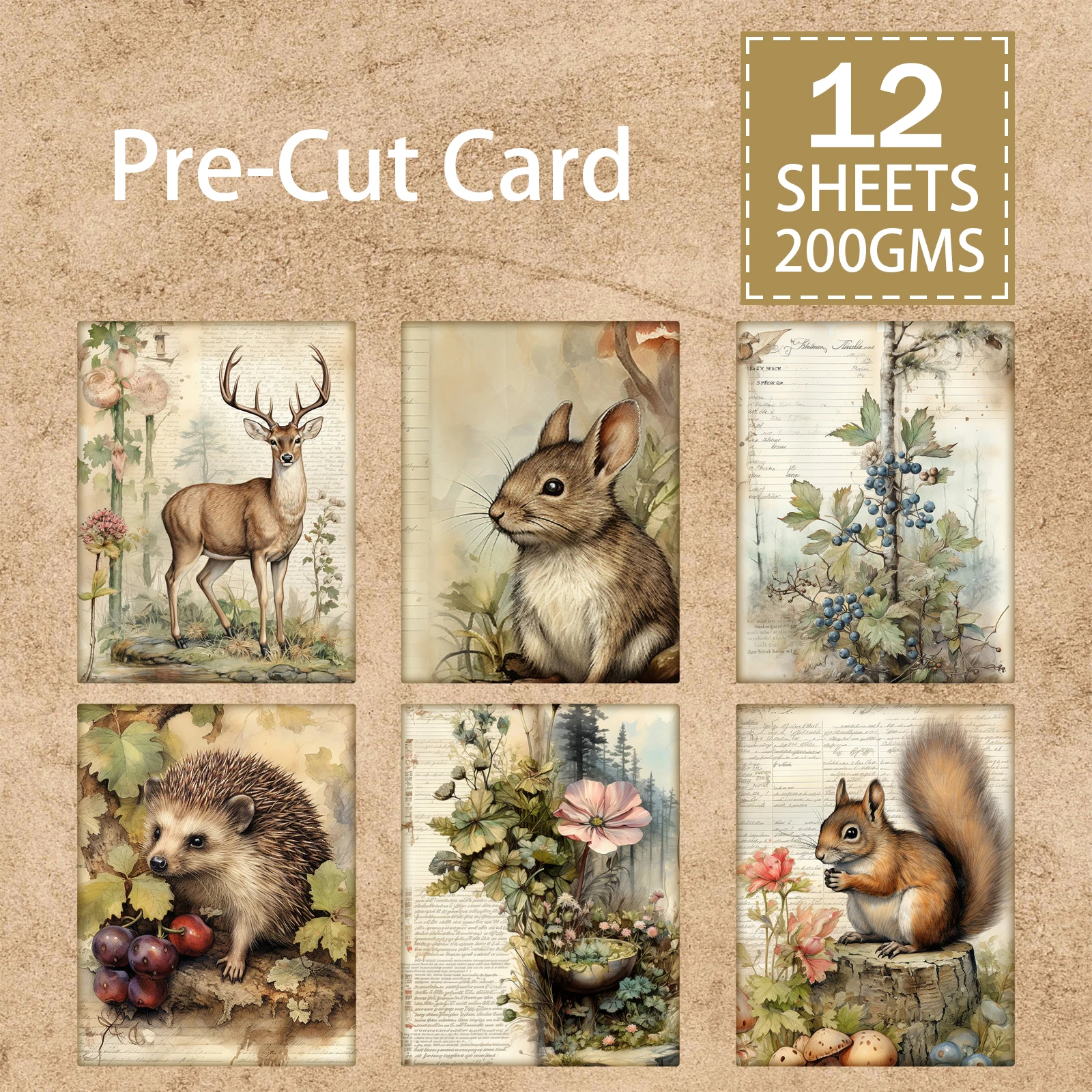 

12 Pc Retro Animals Elk Mouse Squirrel Hedgehog Die Cut Card Vintage Grunge Journal Planning Scrapbooking