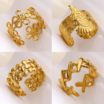 Gold Color Hollow Flower Rings for Women Stainless Steel Geometric Crossed Eagle Ring Aesthetic Wedding Waterproof Jewelry