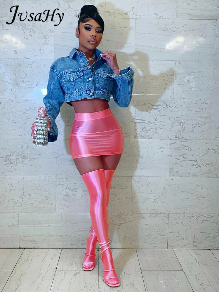 

JusaHy Women 2023 New Y2K High Street Shiny Sexy Pink Chic Street Lady Dress Skinny Elastic Hip Skirt + Knee-high Long Stockings