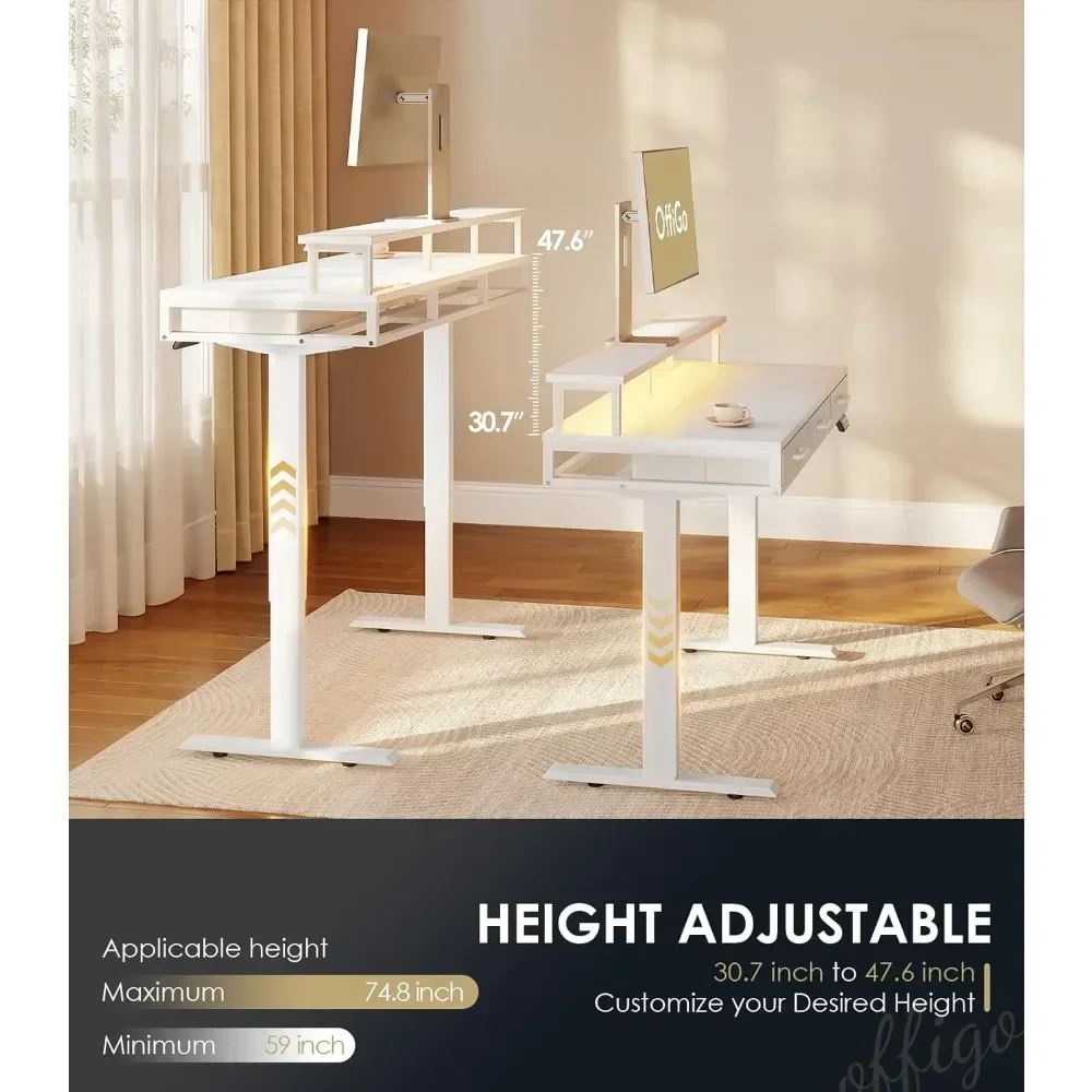 "height-adjustable desk with drawers, 55" standing desk with power outlets and led lighting, ergonomic sit-stand desk with monit