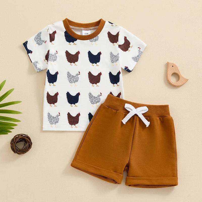 

2024-04-11 Lioraitiin Toddler Boys Summer Outfits Chick Print Short Sleeve T-Shirts Tops Elastic Waist Shorts 2Pcs Clothes Set