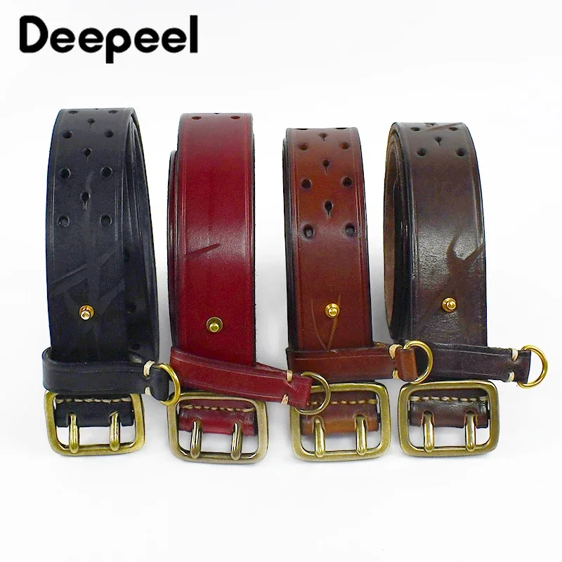 Pure Cowhide 3.8cm Wide leather belt for Men Double Pin Buckle Male Jeans Belts Luxury Gift Waistband