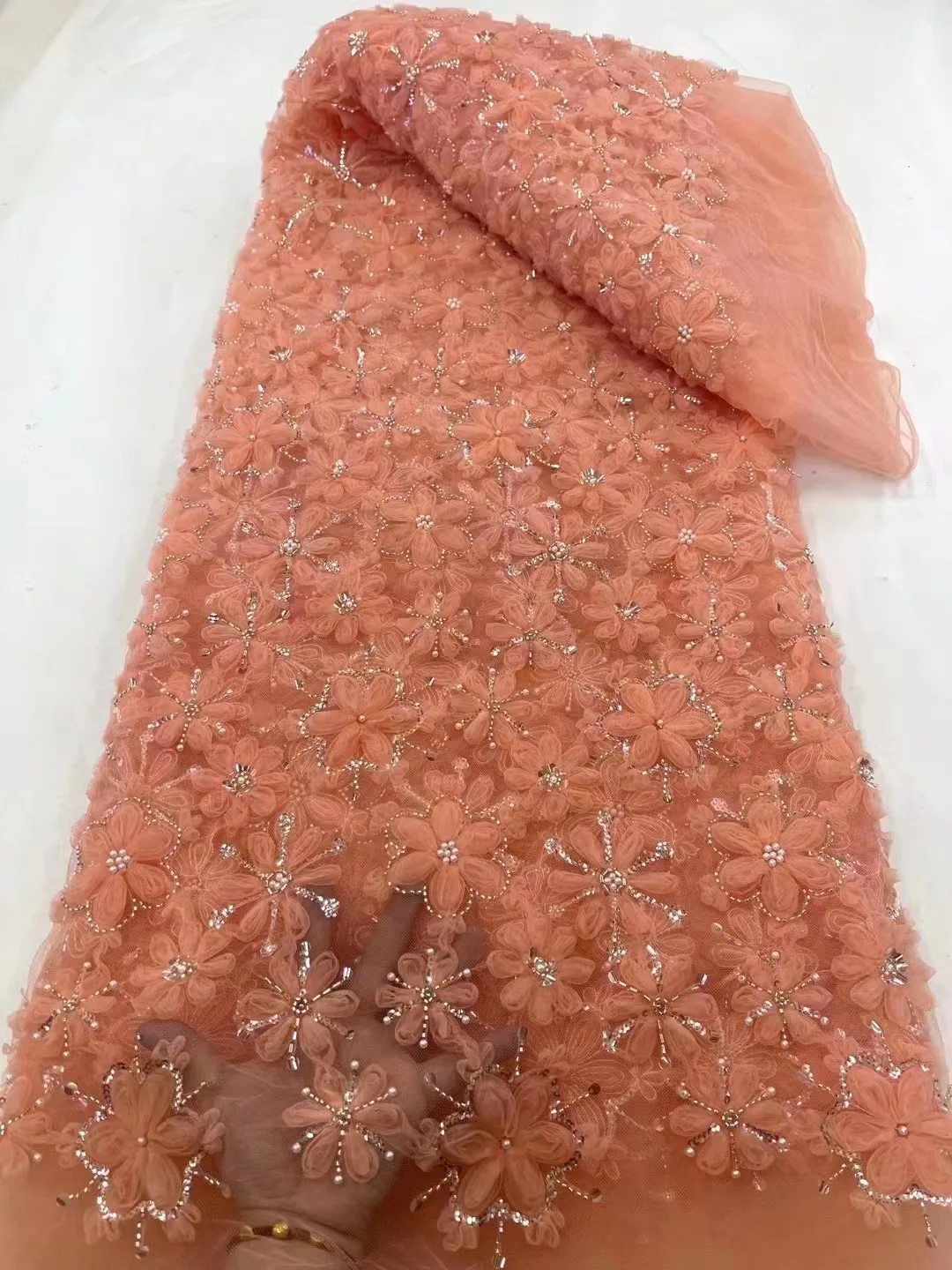 

Lace Beaded High Fashion Wedding Bridal Peach French Net Material 2023 Luxury Handmade Beads New Quality African Sequined Tulle